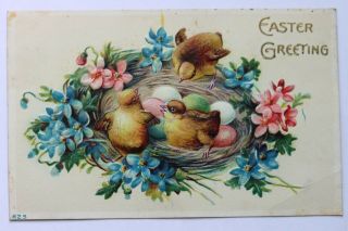 Old Embossed Postcard Easter Greeting Nest With Eggs And Chicks,  Flowers