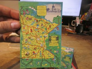 Vintage Old Minnesota Postcard Cartoon State Map Roads Landmarks Towns Cities