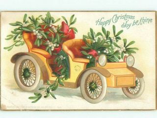 Pre - Linen Christmas Antique Old Car Full Of Mistletoe Ab5319