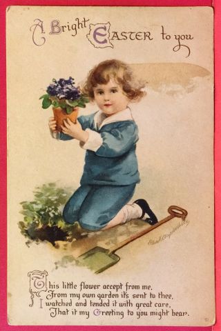 Old Postcard 1910s A Bright Easter To You Little Boy Flowers Garden Poem B2