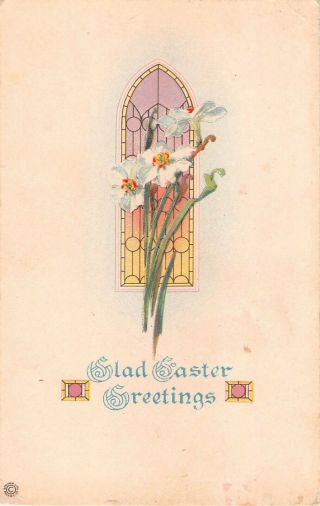 Jonquils In Front Of Stained Glass Church Window - Old Art Deco Stecher Easter Pc