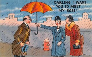 Man Moves Umbrella From Wife To Cover His Boss In The Rain - Comic Old Linen Pc