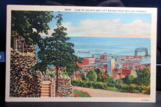 Vintage Linen Postcard " View Of Old Duluth & Lift Bridge From Skyline Parkway "