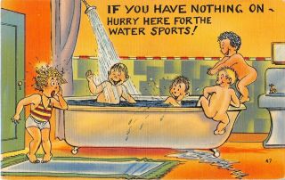 Comic Old Linen Postcard - Little Girl Walks In On Naked Boys Playing In Tub