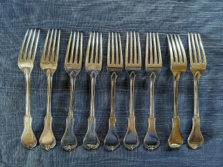 9 Rare Intl.  1847 Rogers Bros.  Antique Silver Plate GOTHIC Dinner Forks Circa 18 2
