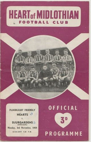 Rare Scottish Football Programme Hearts Heart Of Midlothian V Djurgardens 1958