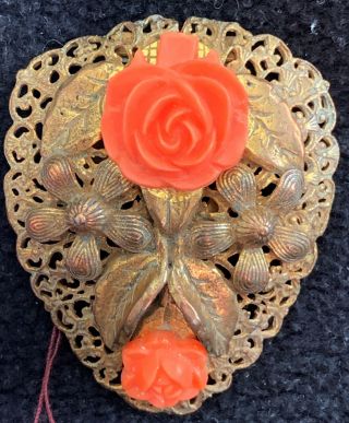 Very Rare Antique Victorian Brooch Clip Carved Pink Roses Gold Toned Filligree