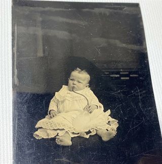 Rare Antique Victorian American Child,  Nursing On Murder Bottle Tintype Photo