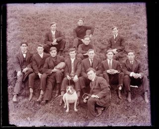(1) Early 1900s Antique Glass Negative - 12 Men - Football Team? " W.  A.  C.  1908 " - 2
