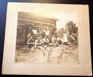 Vintage Cabinet Photo Large Group Of Hunting Men W/ Guns In Front Of A Log House