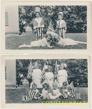 2 Antique Photos 1912 4th July American Flags Children Boys Uncle Sam Patriotic