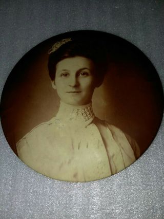 Antique Photo On Metal Convex Curved Victorian Lady Bust Chicago 6 Inch Across