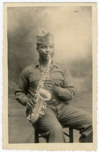 Black Us Army Soldier Playing Saxophone African American Vintage Snapshot Photo
