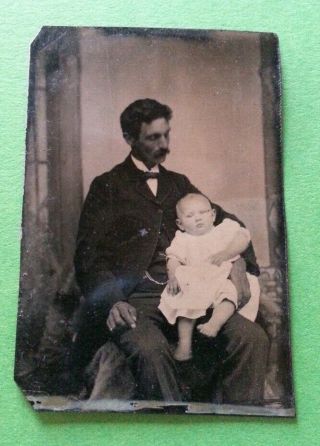 Antique Tintype Vintage Photo Of Man With Baby Studio Pose Watch Chain