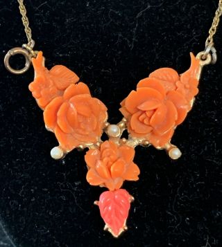 Very Rare Antique Victorian Necklace Carved Pink Roses Gold Toned Filligree