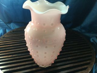 Rare 1961 Fenton Milkglass Unique Hobnail Petal Pink Overlay Ruffled Vase 7 "