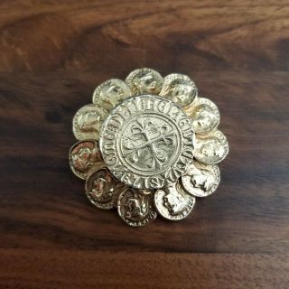 Vintage Rare Gold Tone Roman Coins Round Brooch Pin 1.  81 "