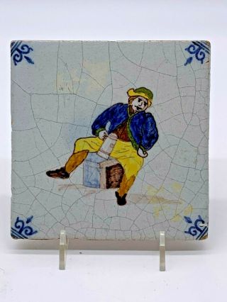 17th Century Rare Delft Hand Painted Color Delftware Tile The Pub Man Drinking