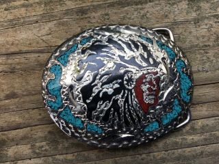 Rare Vintage INDIAN CHIEF BELT BUCKLE HEAD DRESS INLAY CORAL TURQUOISE EUC 2
