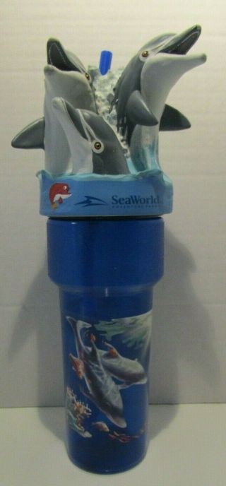 Vintage 2000 Sea World Parks Souvenir Plastic Cup Straw 3d Dolphin Topper Rare