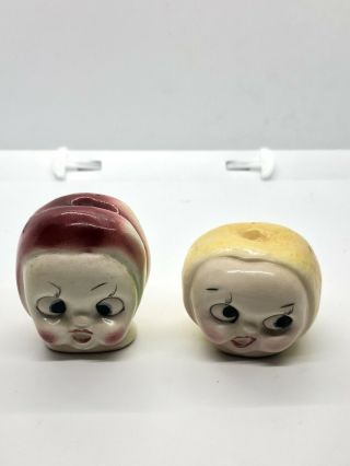 Rare Vtg Japan Anthropomorphic Salt Pepper Shakers Peach & Lemon Head Faces
