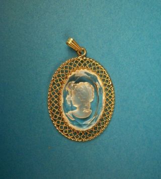 Vintage Whiting And Davis Goldtone & Clear Glass Intaglio Cameo Pendant,  Rare