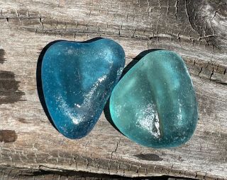 TWO STUNNING,  PARTIAL SEAGLASS BOTTLE BOTTOMS NEAR FLAWLESS,  RARE COLORS,  HEART? 2