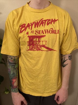 Baywatch At Sea World Vintage Yellow Shirt Single Stitch Rare Amusement Park Xl