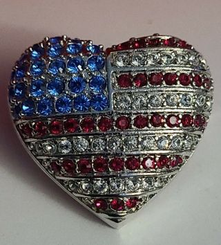 Rare Christopher Radko Enamel,  Crystal Patriotic American Flag Heart Brooch/pin