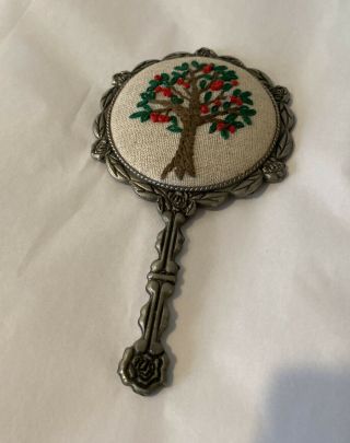 Vintage Small Silver Tone Embroidered Tree Hand Purse Mirror Rare And Unique