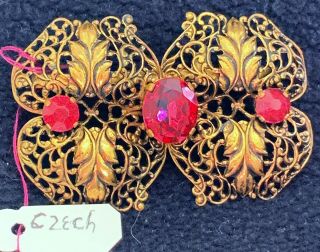 Very Rare Antique Victorian Signed " Czech " Pink Rhinestone Brooch Gold Tone
