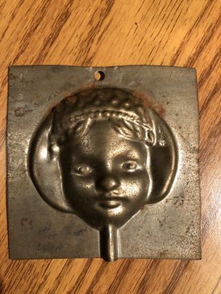 Rare Antique Vintage Metal Sucker Mold - Girl Face