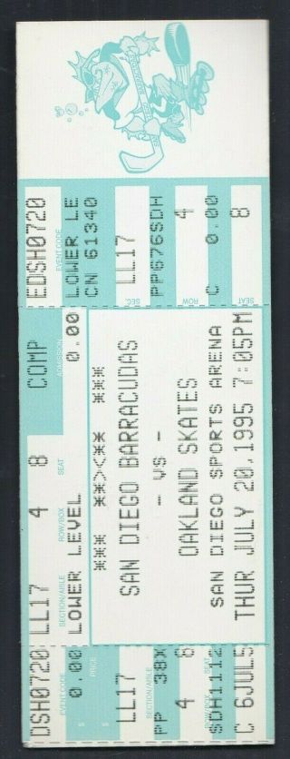 7/20/95 San Diego Barracudas Vs.  Oakland Skates In - Line Hockey Full Ticket Rare