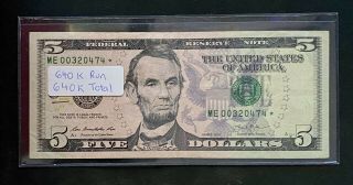 $5 Five Dollar Bill Star✯note Rare - 2013 Me00320474✯ 640k Run