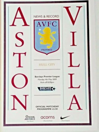 Aston Villa V Hull City 4/5/2009 Barclays Premier League.  Very Rare