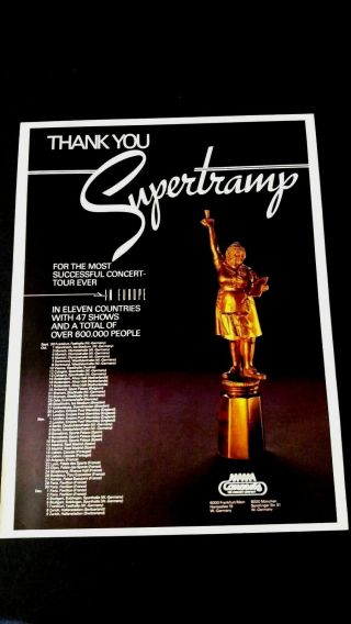 Supertramp Most Successful Concert In Europe Rare Print Promo Poster Ad