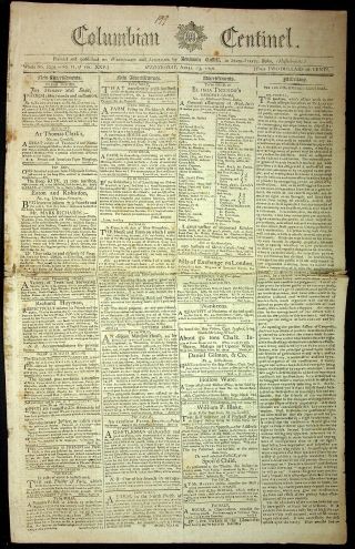Columbian Centinel 4/13/1796 Boston Ma Newspaper Ship Notices Rare