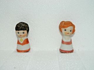 2 Vtg Bisque Ceramic Thimbles Womens Brunette Head Red Head Girl Sewing Rare