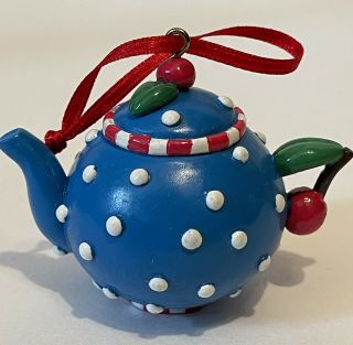 Rare Mary Engelbreit Miniature Teapot Ornament Blue Polka Dot Cherry Stem Handle