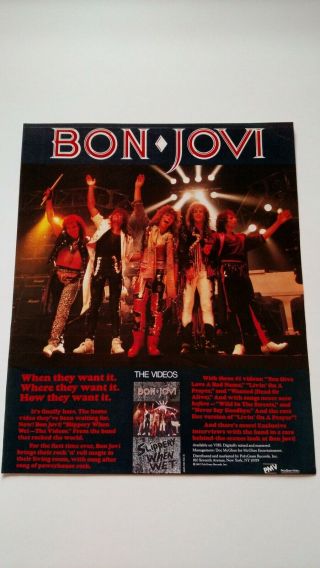 Bon Jovi " Slippery When Wet " 1987 Rare Print Promo Poster Ad