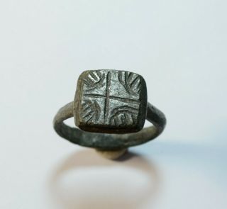 Rare Ancient Byzantine Bronze Ring With Cross On Bezel - Wearable Artifact