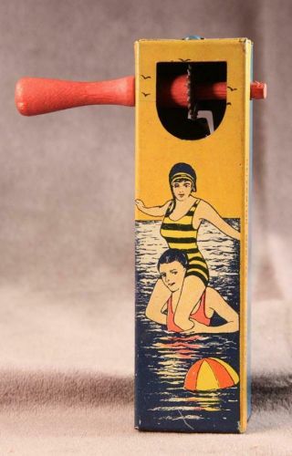 Rare Vintage Kirchoff Pat.  1928 Bathing Beauties Tin Graphic Party Noise Maker
