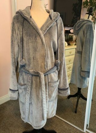 Pj Salvage Plush Robe Deluxe Gray With Hood And Pom Pom Ties Size S Rare