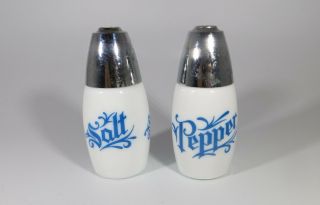 Rare Vintage Gemco Blue And White Salt & Pepper Shakers Crome Toppers