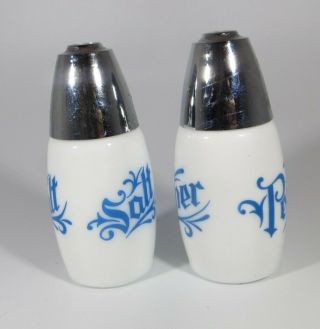 Rare Vintage Gemco Blue and White Salt & Pepper Shakers Crome Toppers 2