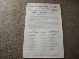 Rare Bury V Birmingham City Fa Cup Re 7th March 1963 Frozen Winter Season