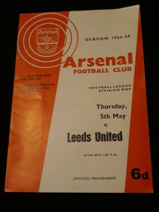 Arsenal V Leeds Utd 1965/66 1st Division Football Programme Rare Low Attendance