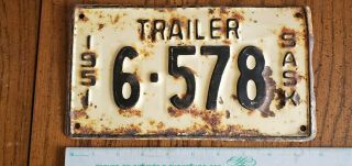 Rare Number 6 - 578 Vintage 1951 Trailer License Plate Saskatchewan Canada Truck