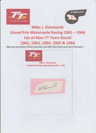 Mike Simmonds Motorcycle Racer 1961 - 1966 Iomtt Rare Hand Signed Cutting