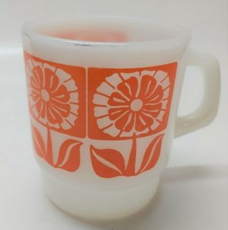 Rare Vintage Fire King Milk Glass Mug Orange Flowers Anchor Hocking Mcm